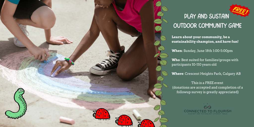 Teenagers are seen drawing a rainbow in chalk. Text prompts people to learn about your community, be a sustainability champion, and have fun!